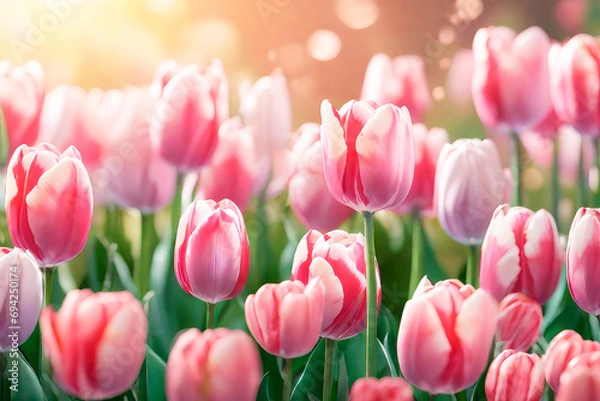 Fototapeta Spring background with beautiful pink and white tulips with bokeh.