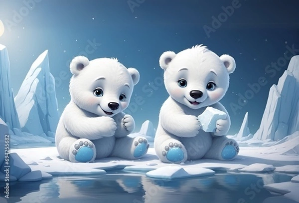 Fototapeta Cute Polar bears playing with ice, Polar bear, Beautiful cute animals, AI generated images, High resolution image