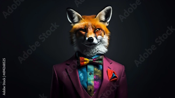 Fototapeta A cool fox in a business suit in rainbow colors