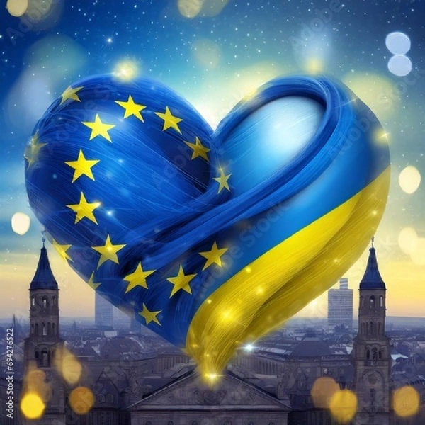 Fototapeta The Ukrainian flag stitched with the European Union flag, shaped like a heart and a EU city as background. Illustrative digital art concept, depicting the EU integration process for Ukraine.

