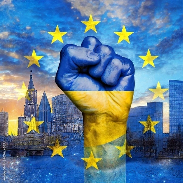 Fototapeta A raised fist colored in the Ukrainian flag, with the EU stars surrounding it and a city backdrop. Illustrative digital art concept, depicting the European Union integration process for Ukraine.