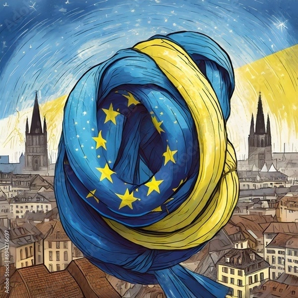 Fototapeta The Ukrainian flag entangled with the European Union flag, with a European city skyline as background. Illustrative digital art concept, depicting the European Union integration process for Ukraine.