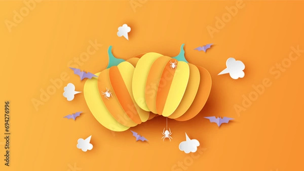 Obraz Halloween pumpkin with bats, spiders on orange background. Halloween festival. Graphic design for Halloween. paper cut and craft style. vector, illustration.