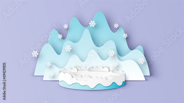 Obraz Christmas mockup scene template. Merry Christmas and happy new year. Winter mockup scene. paper cut and craft style. vector, illustration.