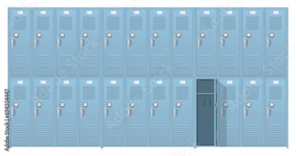 Fototapeta Two dozen vintage cyan metal lockers in two rows for temporary storage. Illustration isolated on white background