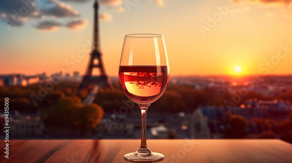 Fototapeta Glass of wine sunset Eiffel Tower background. Selective focus.