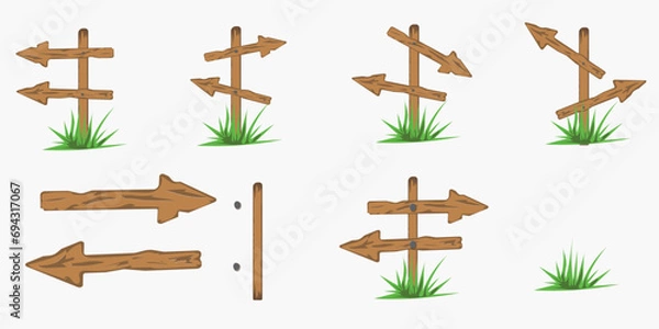Fototapeta wooden signs with green grass. scenographer of arrows for any purpose. Abstract template with wooden signs.