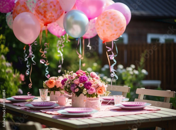 Fototapeta Full length background image of Summer picnic table outdoors decorated with balloons for Birthday party, copy space