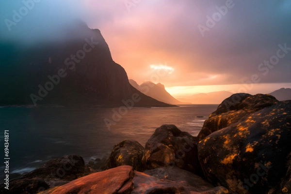 Fototapeta sea coast with hardening lava after a volcanic eruption at dawn
