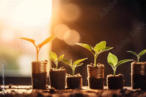 Fototapeta coins are stacked into stacks from which plants grow