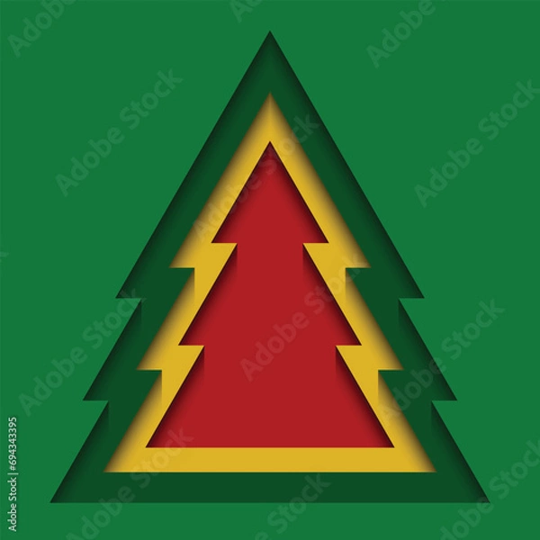 Fototapeta Paper cut into the shape of a green, yellow, red christmas tree. Layered gradient 3d background. Design elements for greeting cards, banners, posters, backdrops, wallpapers. Vector illustration
