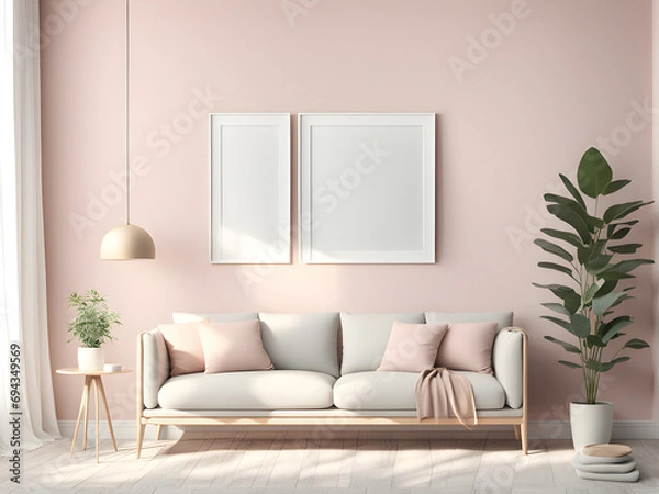 Fototapeta Beige velvet sofa with terra cotta cushions between houseplants. Mockup frame in interior background, room in light pastel colors, 3d render