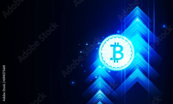 Fototapeta Financial chart with moving up arrow graph bitcoin cryptocurrency technology in stock market on blue color background concept innovation background, vector design