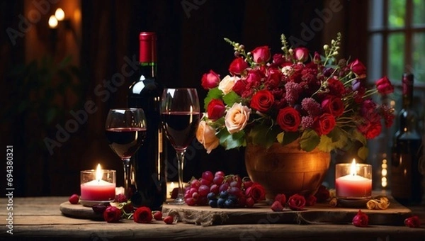 Fototapeta A romantic tableau featuring a luscious bouquet gracing a rustic wooden table, two glasses of rich red wine, and flickering candles casting a warm glow in the impressionistic style.