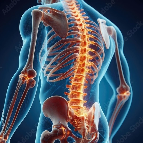 Obraz Human spine bones clear sharp 3d rendered illustration. Back spine pain concept. Ai generated