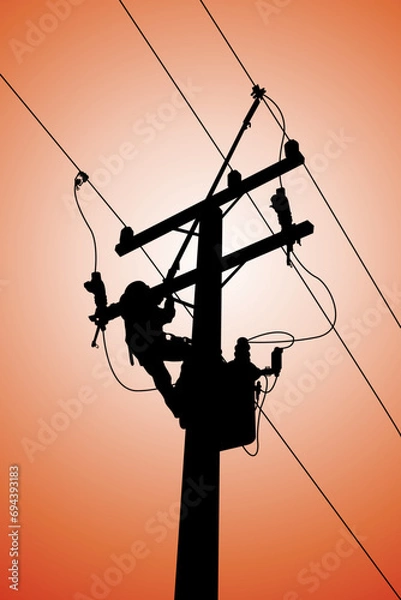 Fototapeta The power lineman use clamp stick (insulated tool) to closing a transformer on energized high-voltage electric power lines. The power lineman must be trained because it is a risky job.