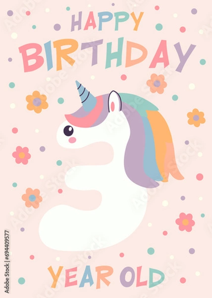Fototapeta Birthday invitation card design with number and unicorn. Three years. Vector illustration of template on pastel background. Invitation for children and adults. Ready to use and editable template.