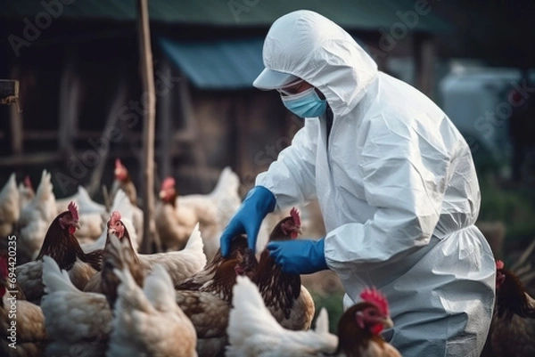 Fototapeta Veterinarian in protective equipment inspecting the poultry at chicken farm,  bird flu infection