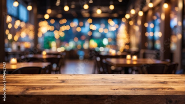 Fototapeta Empty wooden table top with lights bokeh on blur restaurant background