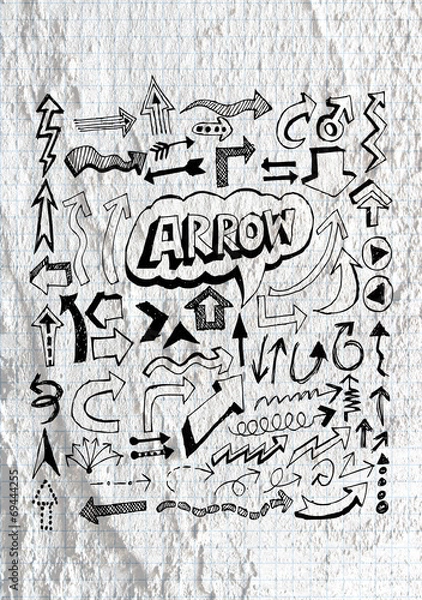 Fototapeta Arrow  and Hand drawn sketch arrows collection on wall texture b