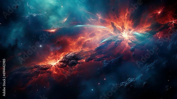 Fototapeta Birth of supernova star. Big bang explosion in outer space. The genesis of a new planet in the galaxy. Expansion of universe. Gas dust clouds nebula background.