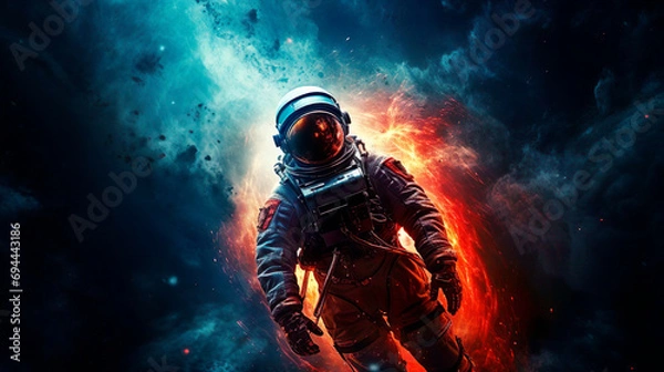 Fototapeta A portrait of a male astronaut explores mysterious outer space. An expedition into deep space in order to search for new planets adapted for human life. Scientific mission flight. Amazing nebula