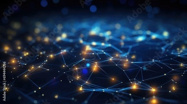 Fototapeta Blue abstract background with a cyber network grid and connected particles,global data connections concept.