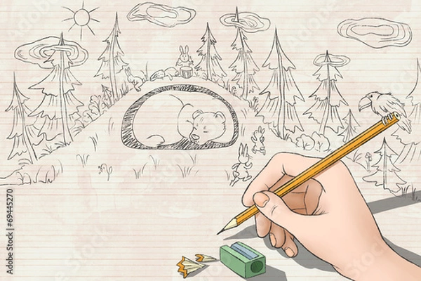 Obraz drawing rabbits run to save the bear