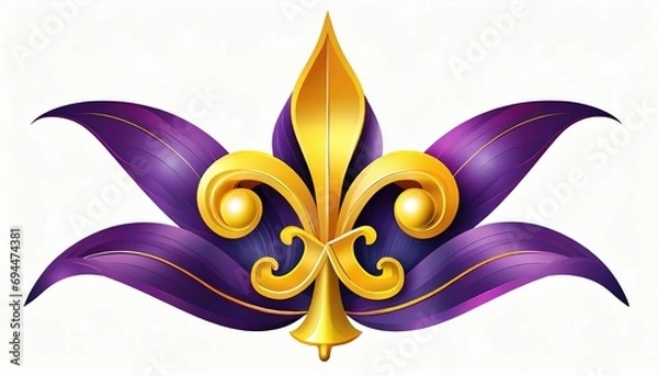 Obraz  Vibrant gold and purple fleur-de-lis symbol against a white background, representing Mardi Gras celebration.