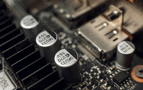Fototapeta Macro close up of a modern computer gaming motherboard 
