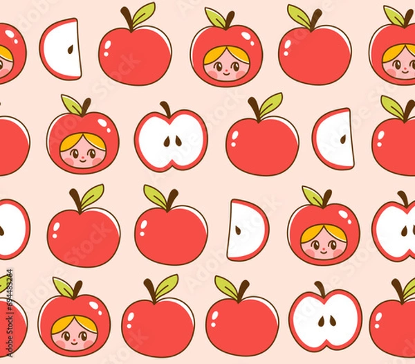 Obraz Cute apple character and apple slices seamless pattern. Vector illustration of fruits and girls dressed as apple mascots. Hand drawn elements in adorable cartoon style.