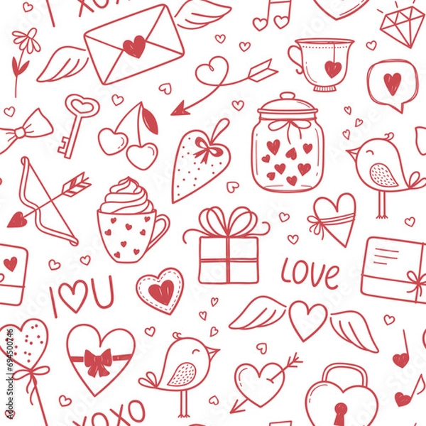 Fototapeta Seamless pattern with love elements in doodle style. Valentines day romantic background with hearts