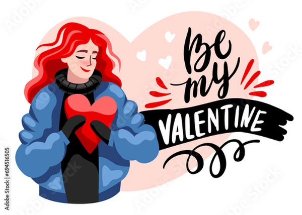 Fototapeta A beautiful girl holds a red heart in her hands. A red-haired woman in a jacket wishes happy Valentine's Day. Vector, Cartoon, Flat