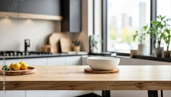 Obraz Kitchen with Blurred Modern Interior, Empty Table for Product Display with Blurred Background