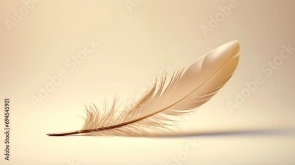 Obraz A single, delicate white feather resting gracefully on a smooth, soft fabric surface, embodying lightness and purity.