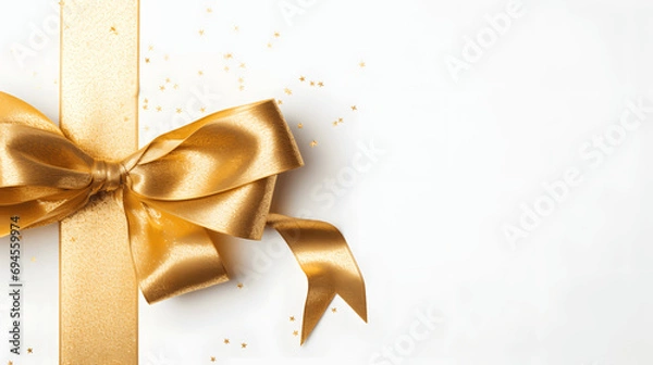 Fototapeta Top view of a shimmering golden gift ribbon on a white surface