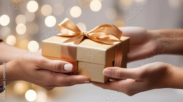 Fototapeta hands holding a gift box with a bow and ribbons, presenting a gift, birthday, new year, christmas, valentine's day, present, boxing day, celebration, congratulation, blurred background, holiday, party
