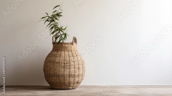 Fototapeta a handmade woven water hyacinth basket designed for storing items, with a touch of minimalist modern style for a visually appealing aesthetic.