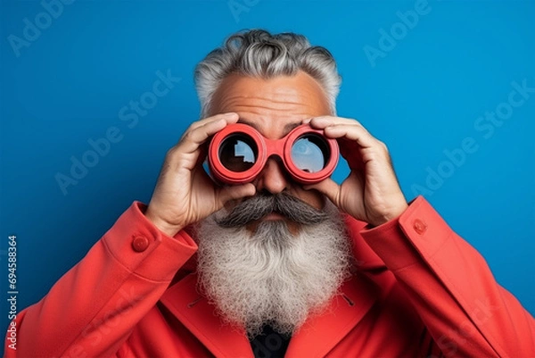 Fototapeta  gray bearded man in a red jacket with binoculars on a blue background. the concept of discounts and travel. 