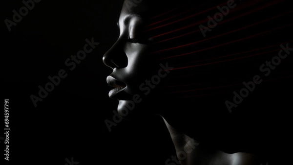 Fototapeta weibliches Beauty Model in seitlicher Pose. Low Key Portrait bei dramatischem Licht mit roten Lichteffekten. Querformat 16:9 Format. Generative Ai.
