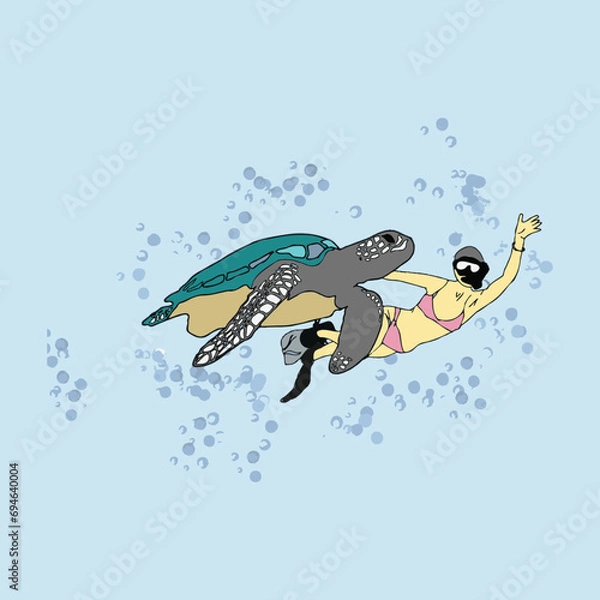 Obraz Turtle swims in the sea with diver women.  Save turtle campaign. 
