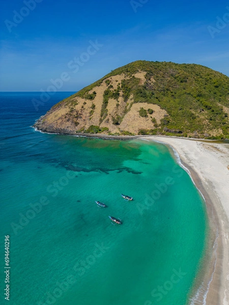 Fototapeta Aerial view of Mawun Beach in central Lombok in daylight. Indonesia