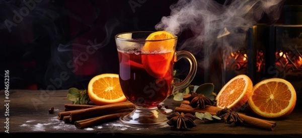 Fototapeta Indulge in the festive spirit with a steaming mug of rich, aromatic mulled wine adorned