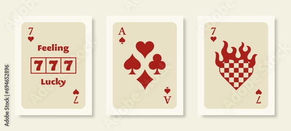 Obraz Playing Cards Posters. Retro Wall Art Prints Set with Ace, 777 Slot Machine and Heart. Vector Illustration Collection