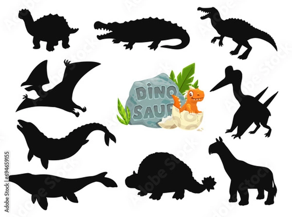 Fototapeta Cartoon dinosaurs cute characters silhouettes. Prehistoric reptile, extinct animal funny vector personages. Basilosaurus, Quetzalcoatlus, Indricotherium and Sarcosuchus, Baryonyx, Mosasaurus dinosaurs