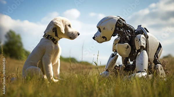 Fototapeta Conceptual photo of a real dog and a robotic dog sitting on the grass, facing each other against a bright blue sky. A futuristic scene blending technology and nature, evoking curiosity and contrast.