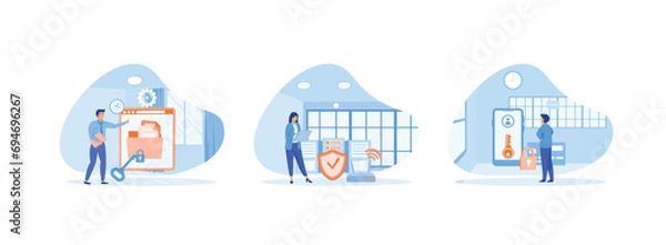 Fototapeta Characters using Security Services to Protect Personal Data, performs Cloud Shared Documents security, Server Security and Data Protection. Cyber security set flat vector modern illustration