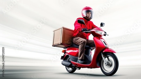Obraz fast Red Delivery man riding a motorcycle with red delivery box, white background