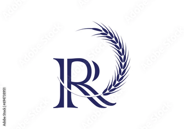 Fototapeta Initial R Letter with Wheat Grain for Bakery, Bread, Cake, Café, Pastry, Healthy Food, Cafeteria, Home Industries Business Logo Vector Idea