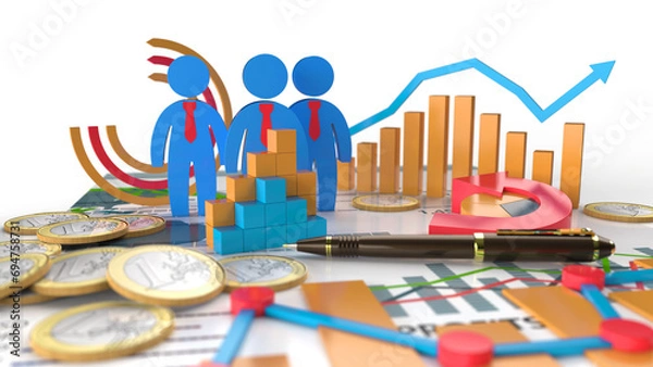 Obraz Financial Analysis Global Economic Situation with Data Trends and 3D render Graph Background